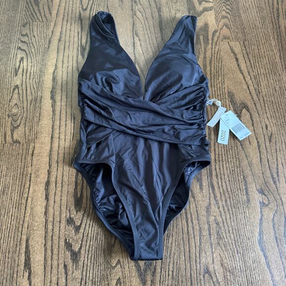 Trina Turk Solid Black Wrap Front Deep V Neck One Piece Swim Suit Size 12 - Picture 1 of 9